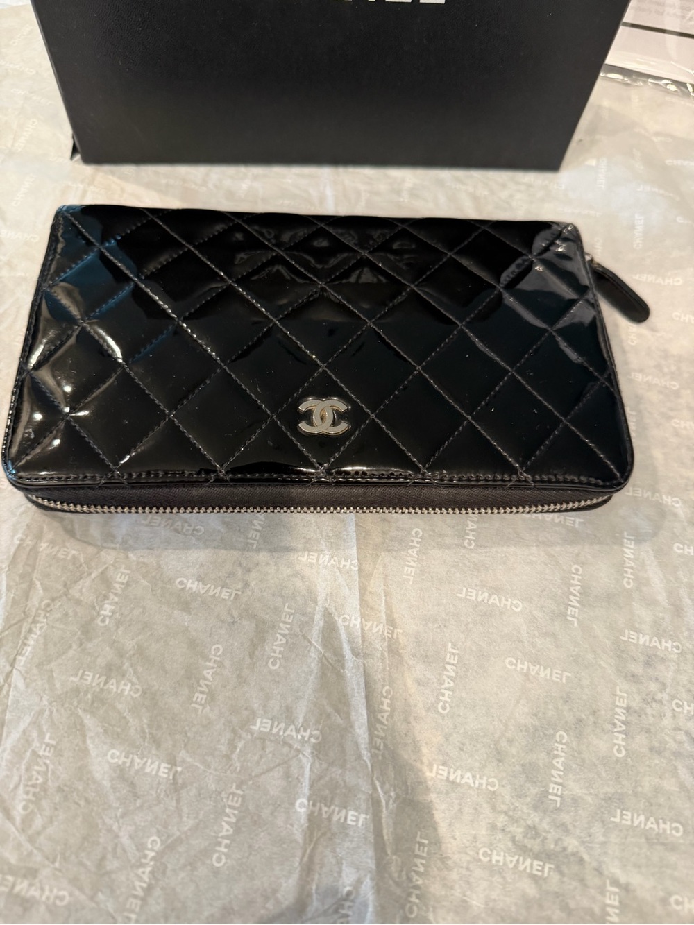 CHANEL Black Quilted Patent Zip-Around Organizer Wallet - Picture 3 of 11